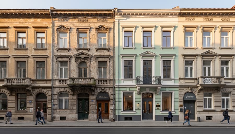 Renovated heritage building facades with restored storefronts on main street