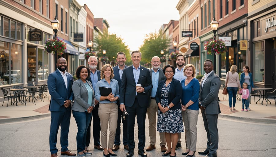 Group of small business owners and community members standing together on main street sidewalk