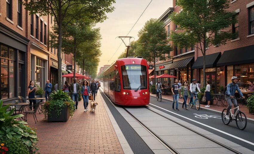 Eye-level wide photo of a revitalized urban main street with brick buildings, sidewalk cafes, planters, pedestrians, cyclists, and a modern red streetcar in warm golden-hour light, with no readable signage.