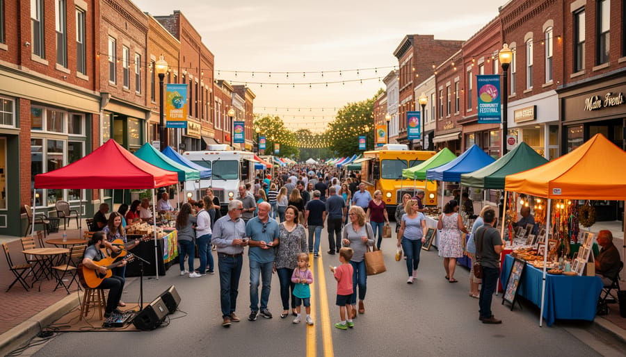 Outdoor community festival with crowds, vendors, and entertainment on main street