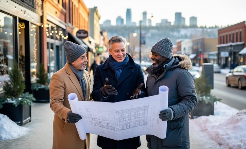 Local revitalization advisor in a winter coat reviews rolled streetscape plans with two Edmonton small business owners on a main street at golden hour, with heritage brick storefronts, planters, string lights, and light snow softly blurred in the background.