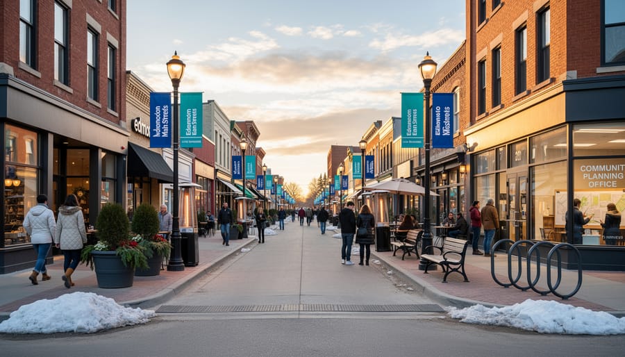 Winter street scene showing pedestrians on Edmonton Main Street with locally-owned shops and festive lighting