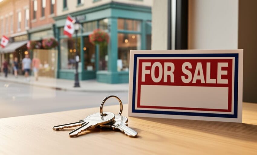 Close view of house keys on a wooden surface with a blurred main-street shopping district in the background.