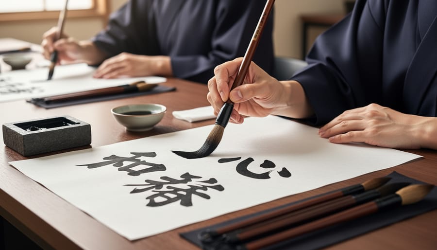 Close-up of hands doing Japanese calligraphy with a brush and inkstone on washi paper.