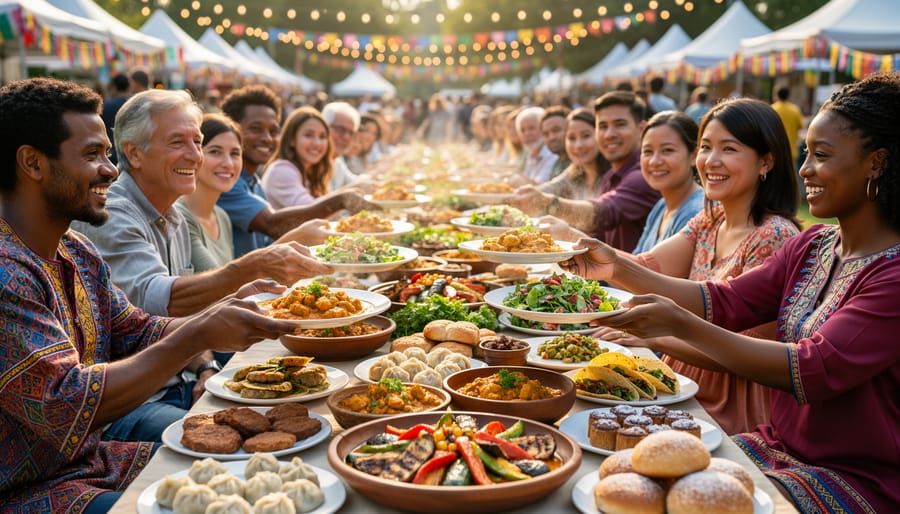 Community members sharing dishes at a cultural food festival table