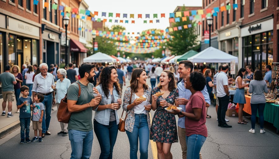 Diverse community members talking and smiling at an outdoor cultural event on a Canadian Main Street