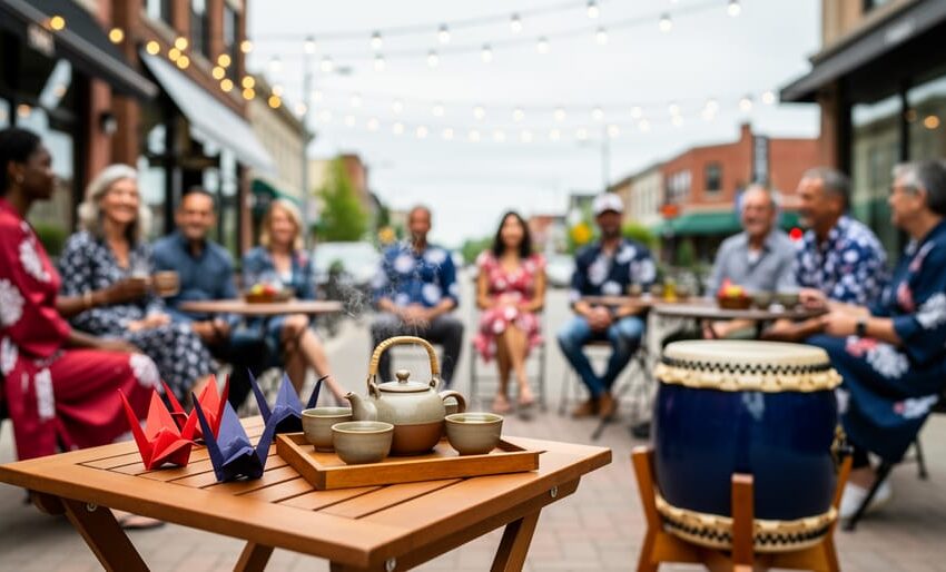 People on a Canadian Main Street patio fold origami cranes and prepare a tea ceremony while a taiko drum sits nearby, creating a vibrant community gathering.