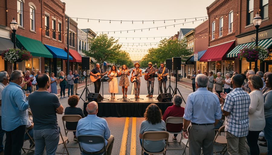 Musician performing with acoustic guitar on a Main Street stage while community members watch