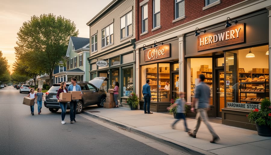 People sitting at a restaurant patio and walking along a vibrant Main Street shopping corridor at dusk