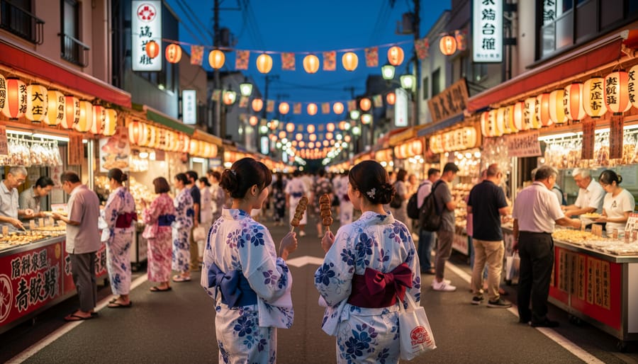 People walking past paper lantern, lit Japanese festival stalls on a Canadian Main Street.