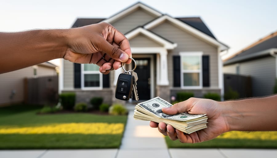 Real estate agent holding a key beside an open front door in a residential entryway