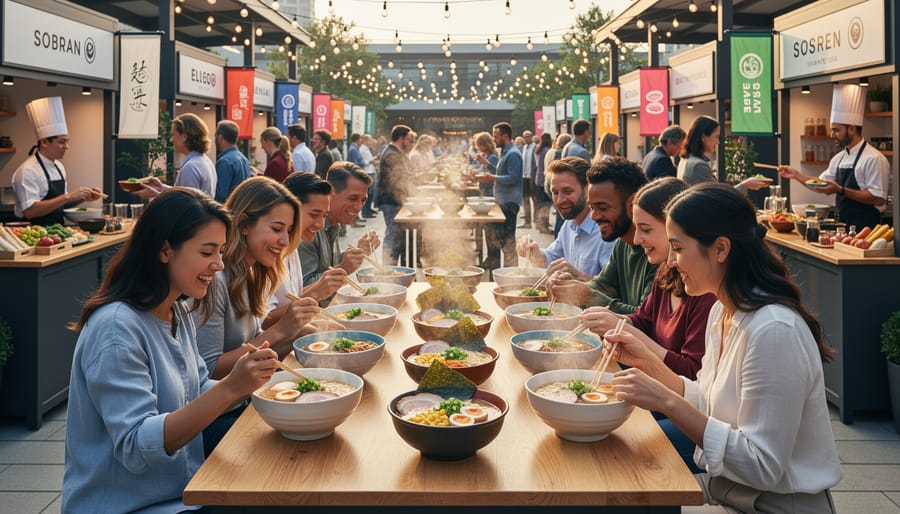 Steaming ramen bowls and sake cups on a wooden tray at a Japanese food event on a Main Street patio.
