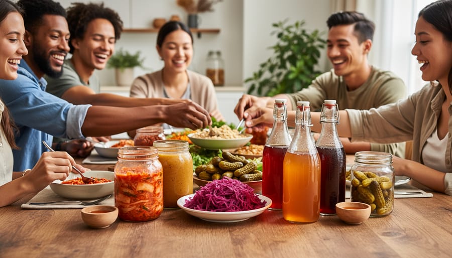 Group of friends clinking glasses of kombucha and kefir over a shared table of fermented foods.