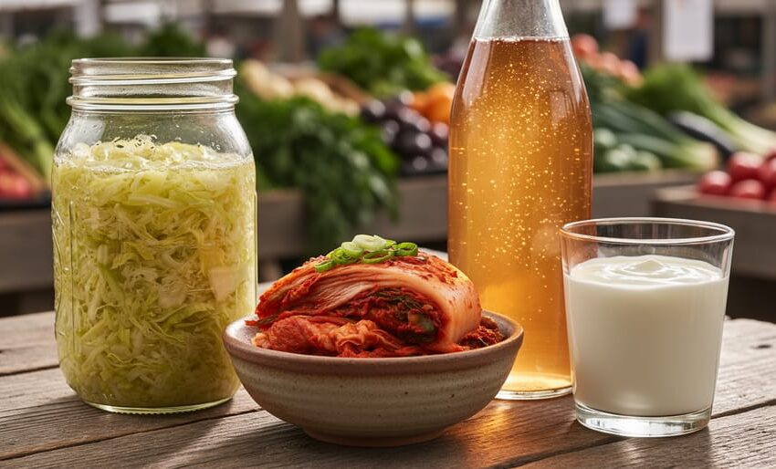Close-up of fermented foods on a wooden table at a market, including sauerkraut, kimchi, and kombucha in glass containers with soft natural lighting.
