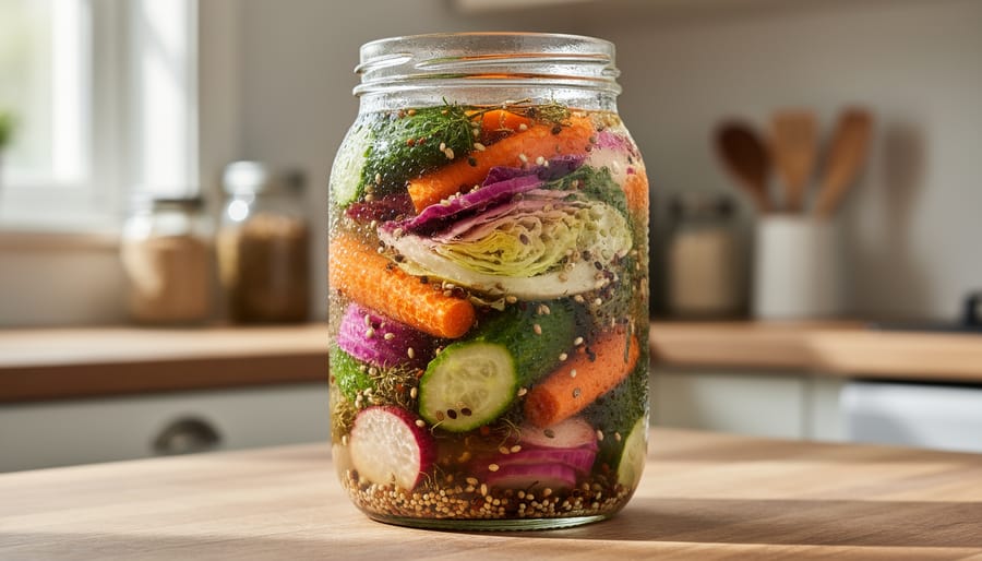 Close-up of a glass jar and crock with fermented cabbage and brine bubbles.