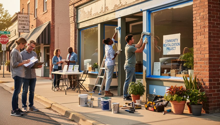 Local workshop scene with a person painting storefront details and materials being prepared