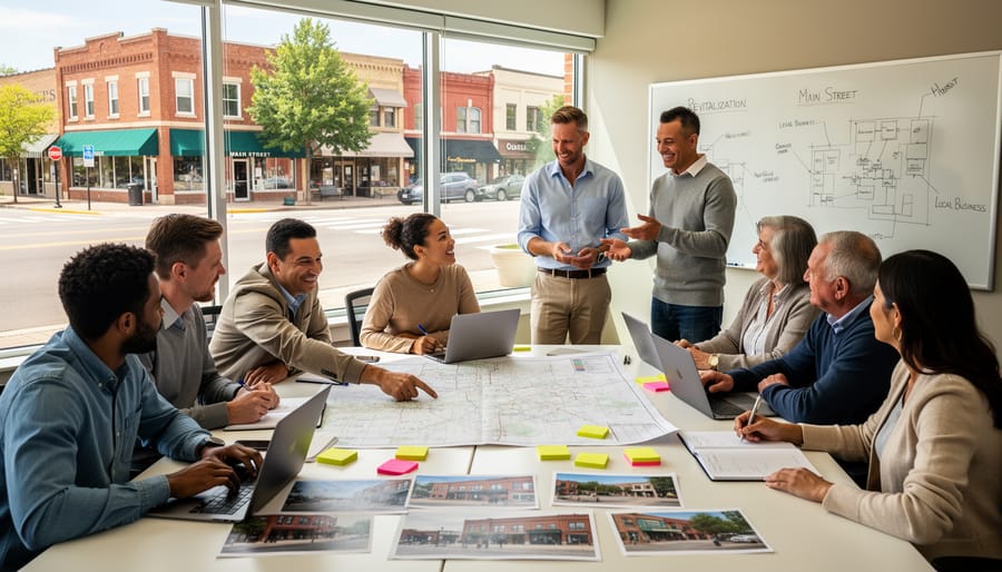 Community leaders and local business owners collaborating around planning materials in a Main Street setting