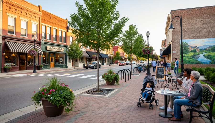 Welcoming Main Street streetscape with improved storefront façade and public seating