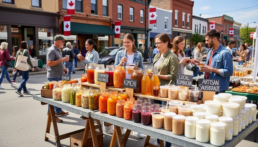Farmers market table with jars and bottles of fermented foods like kimchi, sauerkraut, pickles, yogurt, and kombucha.