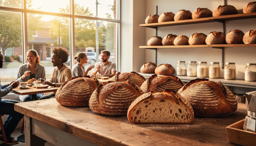 Baker placing sourdough loaves on a cooling rack in a cozy bakery setting.