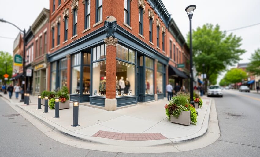 Canadian downtown Main Street with brick storefronts, restored heritage-style façade panels, and a newly lit pedestrian sidewalk under soft daylight.