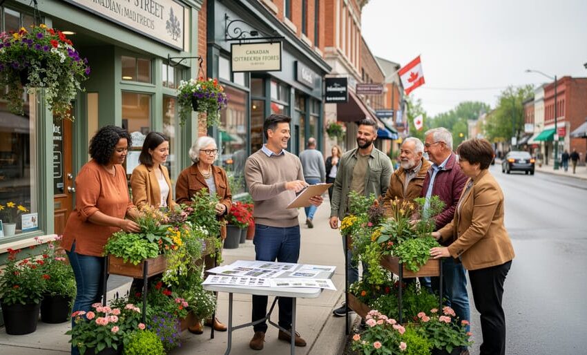Diverse residents and local business owners collaborating on a Canadian Main Street while tending outdoor planters near storefronts.