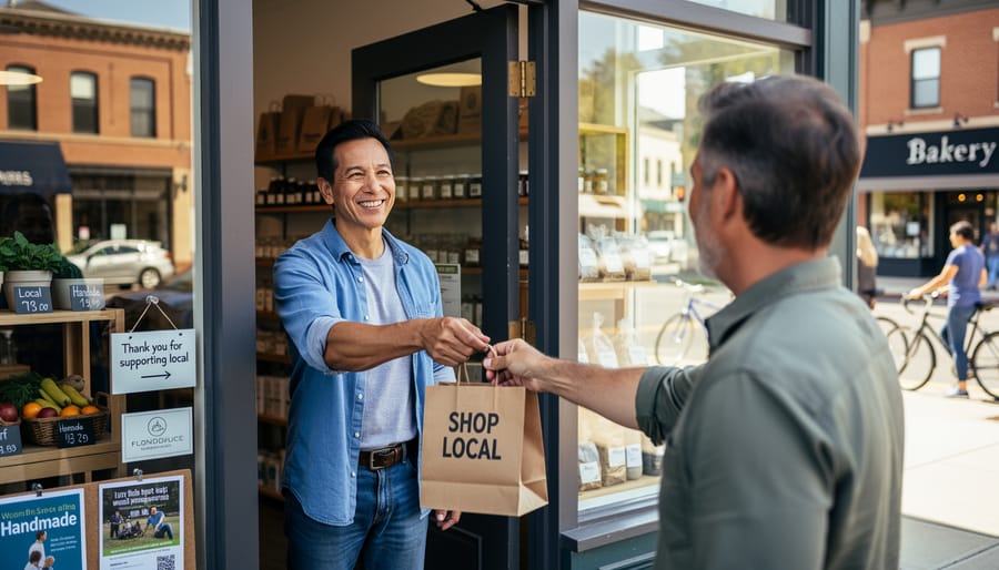 Customer and shop owner exchanging a reusable bag outside a small storefront