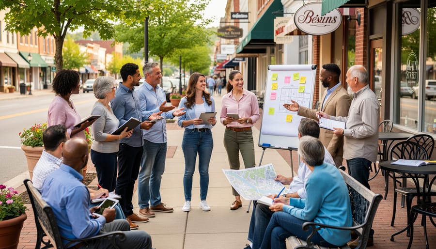Residents and business owners talking together on a Main Street sidewalk near storefronts