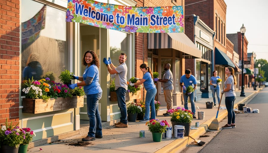Volunteers painting and cleaning a storefront entrance during a community beautification event