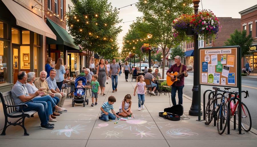 People gather and chat outside local shops on a Canadian Main Street during early evening.