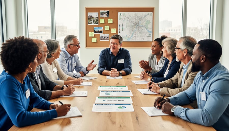 People collaborate around a table during a community meeting, reviewing materials and discussing Main Street improvements.