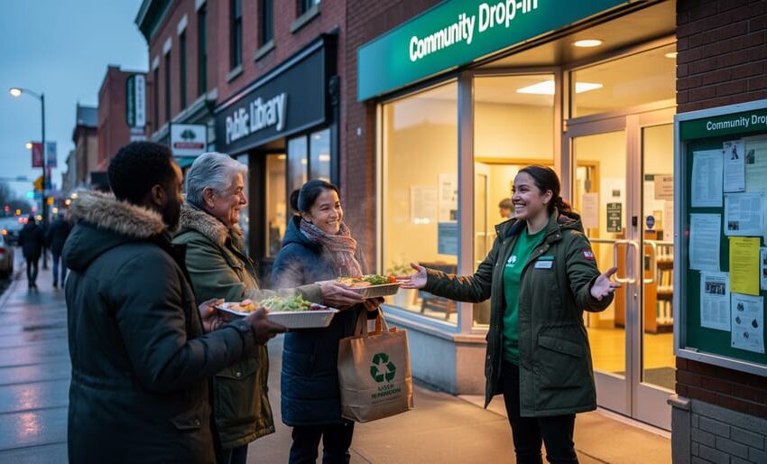 Neighbors and volunteers greet one another on a warmly lit Canadian downtown street outside community spaces, symbolizing community supports for Main Street connections.