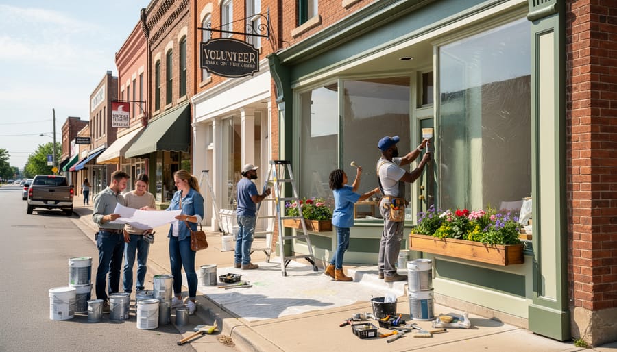 Volunteers working on a storefront entrance with ladders and paint supplies on a Main Street.